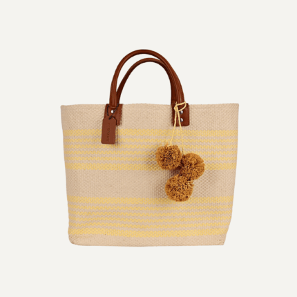 Straw stripe pom tote cream yellow front view