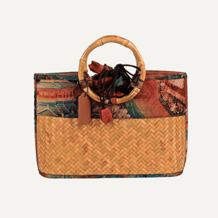 Bamboo satin clutch woven handle front view