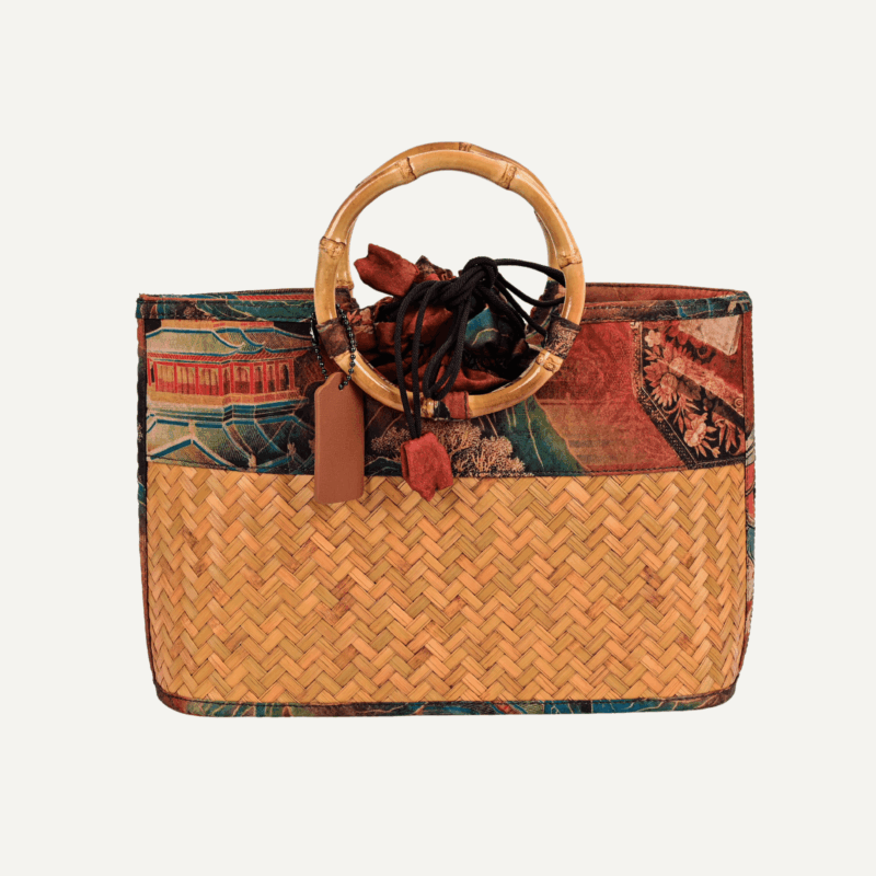 Bamboo satin clutch woven handle front view