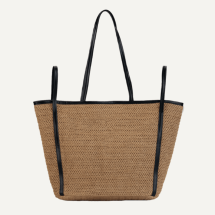 Straw black trim tote front view structured shape