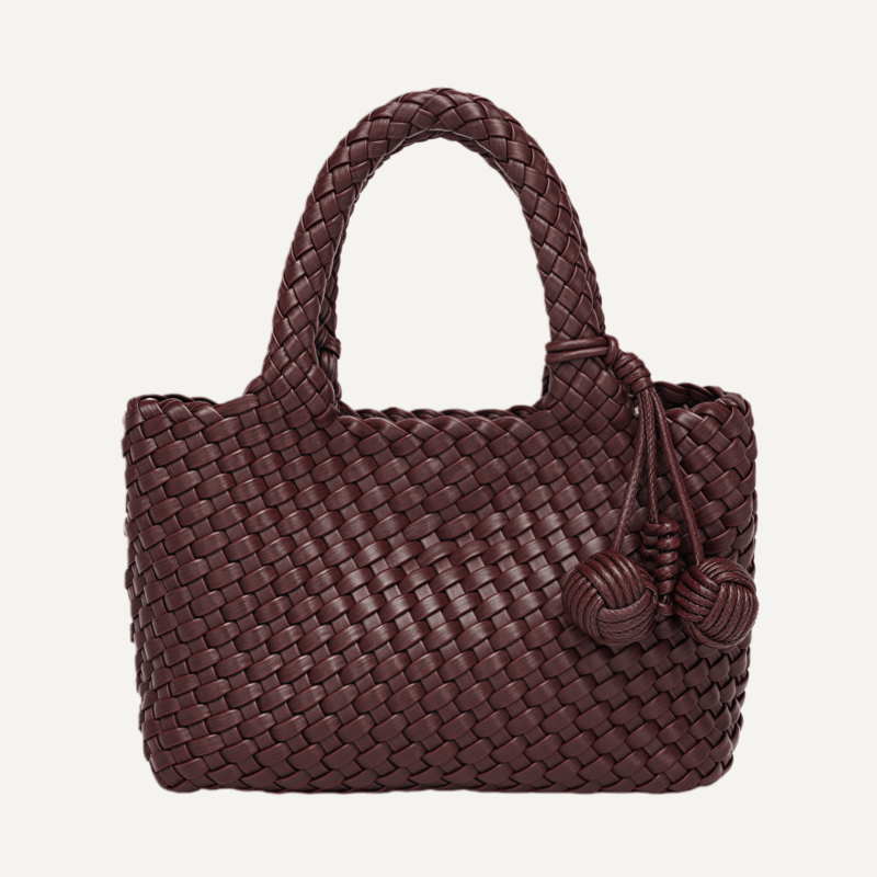 Wine red mini woven tote front view silver hardware
