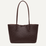 Coffee herringbone PU tote front view structured shape
