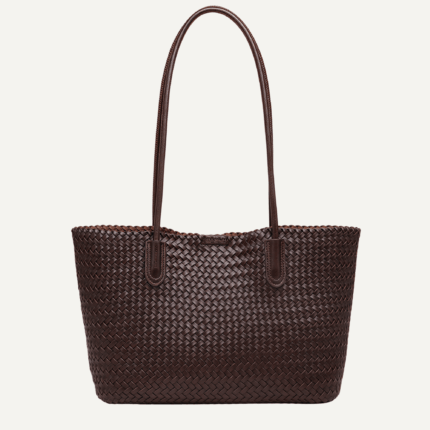 Coffee herringbone PU tote front view structured shape