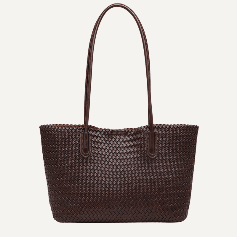 Coffee herringbone PU tote front view structured shape