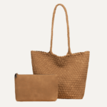 Beige suede woven tote diamond pattern front view