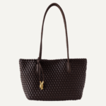 Chocolate leather woven tote front view gold toggle