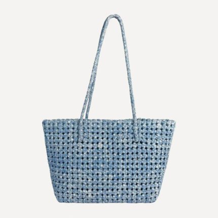 Snowwash denim hollow tote front view woven texture