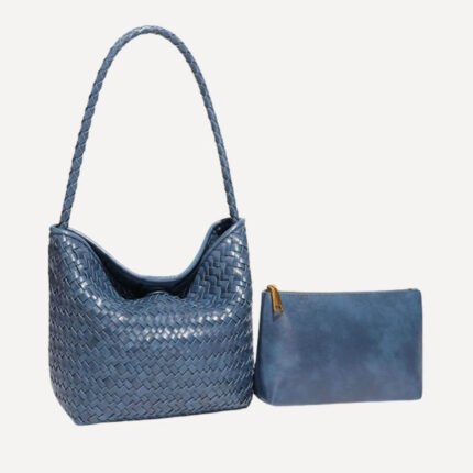 Victoria blue woven bucket bucket bag front view