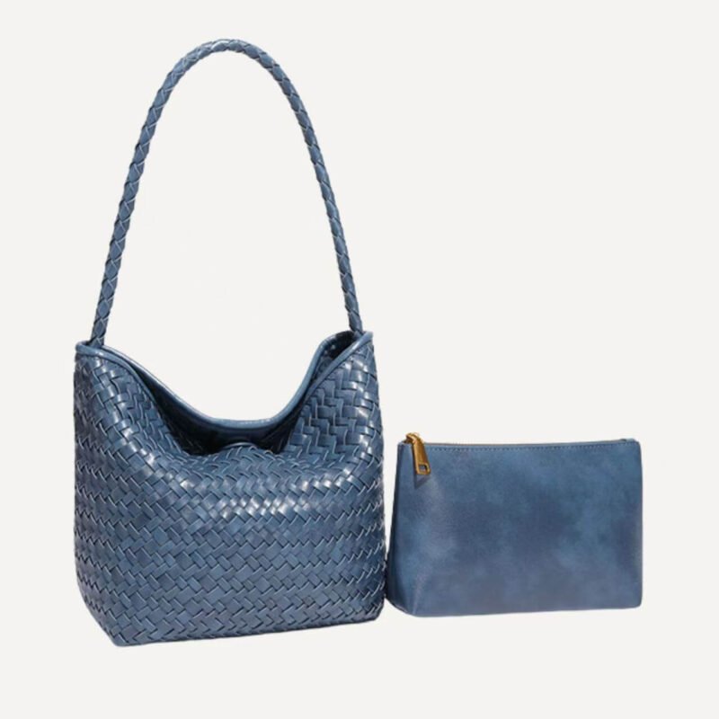 Victoria blue woven bucket bucket bag front view