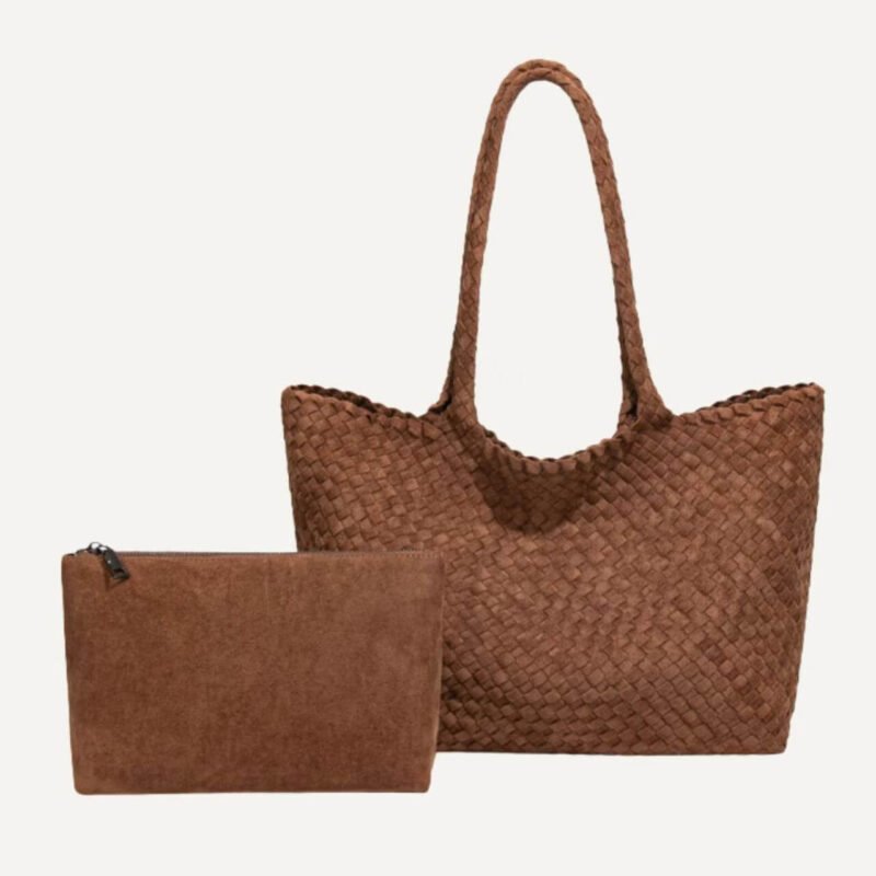 Velvet woven carry tote warm brown front view