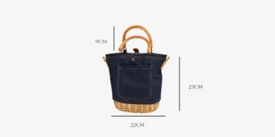Compact denim and willow woven handbag showing artisan woven details