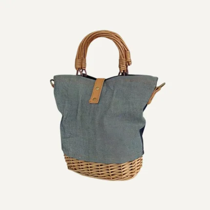 Summer woven bucket bag crafted from denim and natural willow wicker