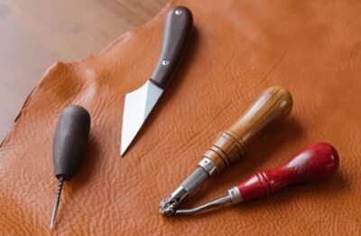 Tools used to prepare a DIY leather bag kit